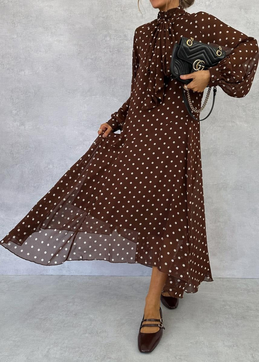 Brown Long Sleeve Polka Dot Maxi Dress