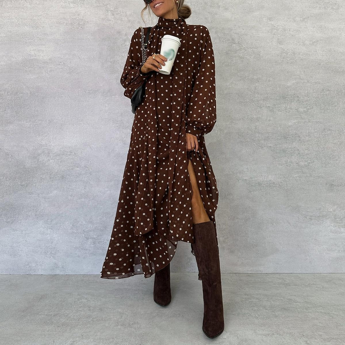 Brown Long Sleeve Polka Dot Maxi Dress