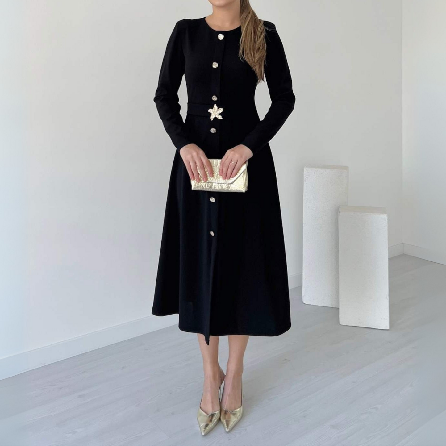 Black Button-Front Midi Dress With Floral Buckle Belt