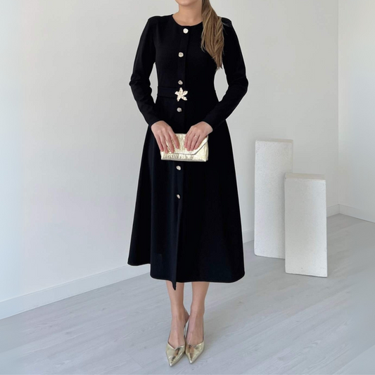 Black Button-Front Midi Dress With Floral Buckle Belt