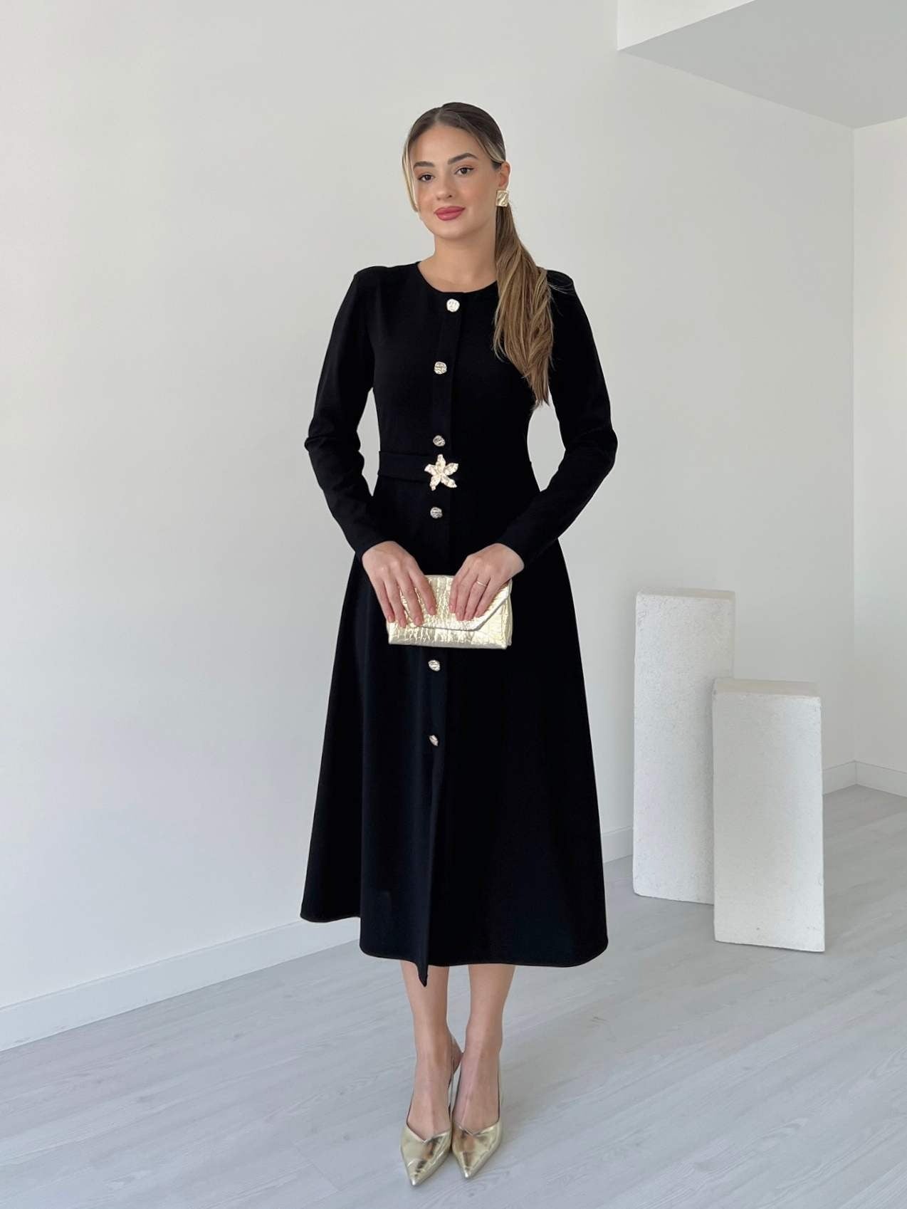 Black Button-Front Midi Dress With Floral Buckle Belt