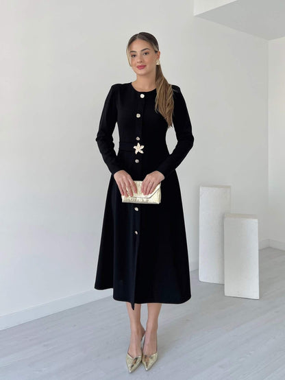 Black Button-Front Midi Dress With Floral Buckle Belt