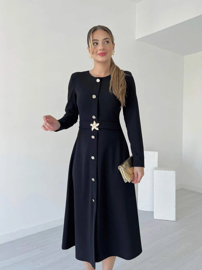 Black Button-Front Midi Dress With Floral Buckle Belt