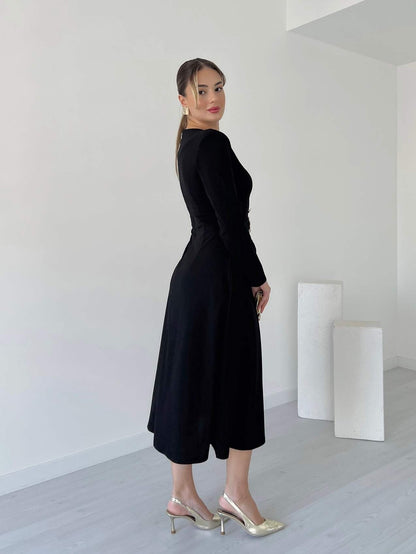 Black Button-Front Midi Dress With Floral Buckle Belt