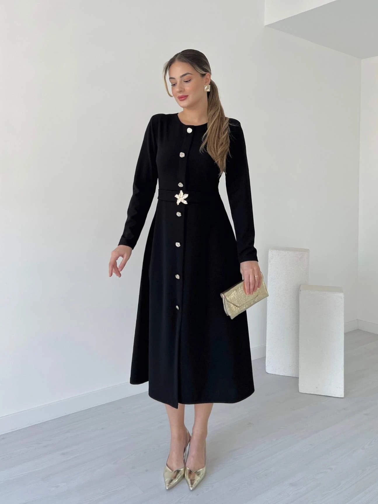 Black Button-Front Midi Dress With Floral Buckle Belt