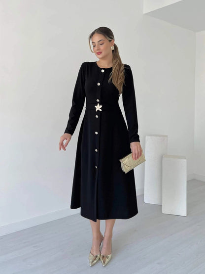 Black Button-Front Midi Dress With Floral Buckle Belt