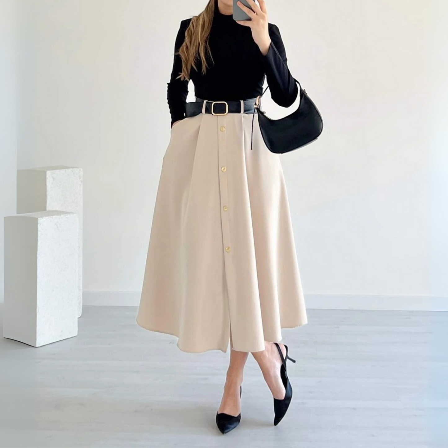 Beige Button-Front A-Line Midi Dress