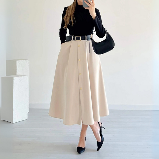 Beige Button-Front A-Line Midi Dress