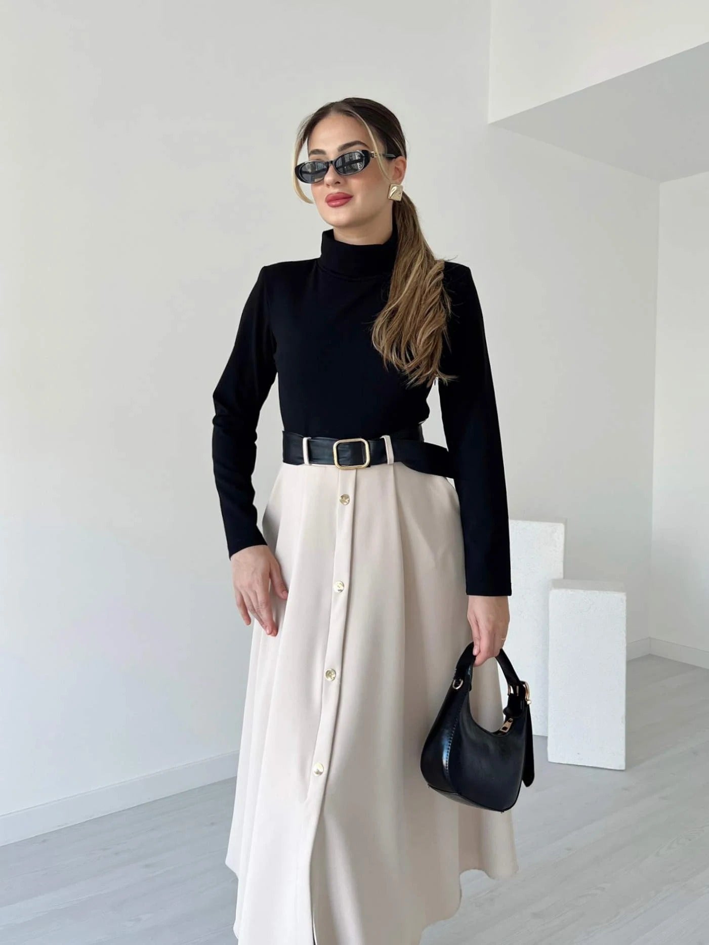 Beige Button-Front A-Line Midi Dress