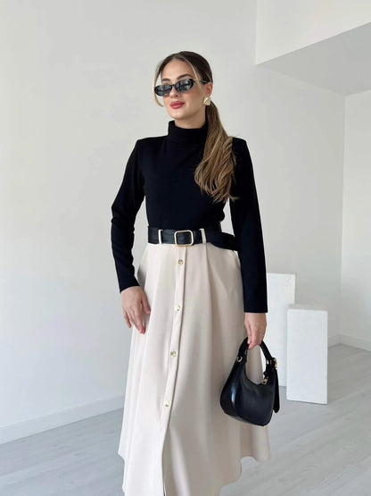 Beige Button-Front A-Line Midi Dress