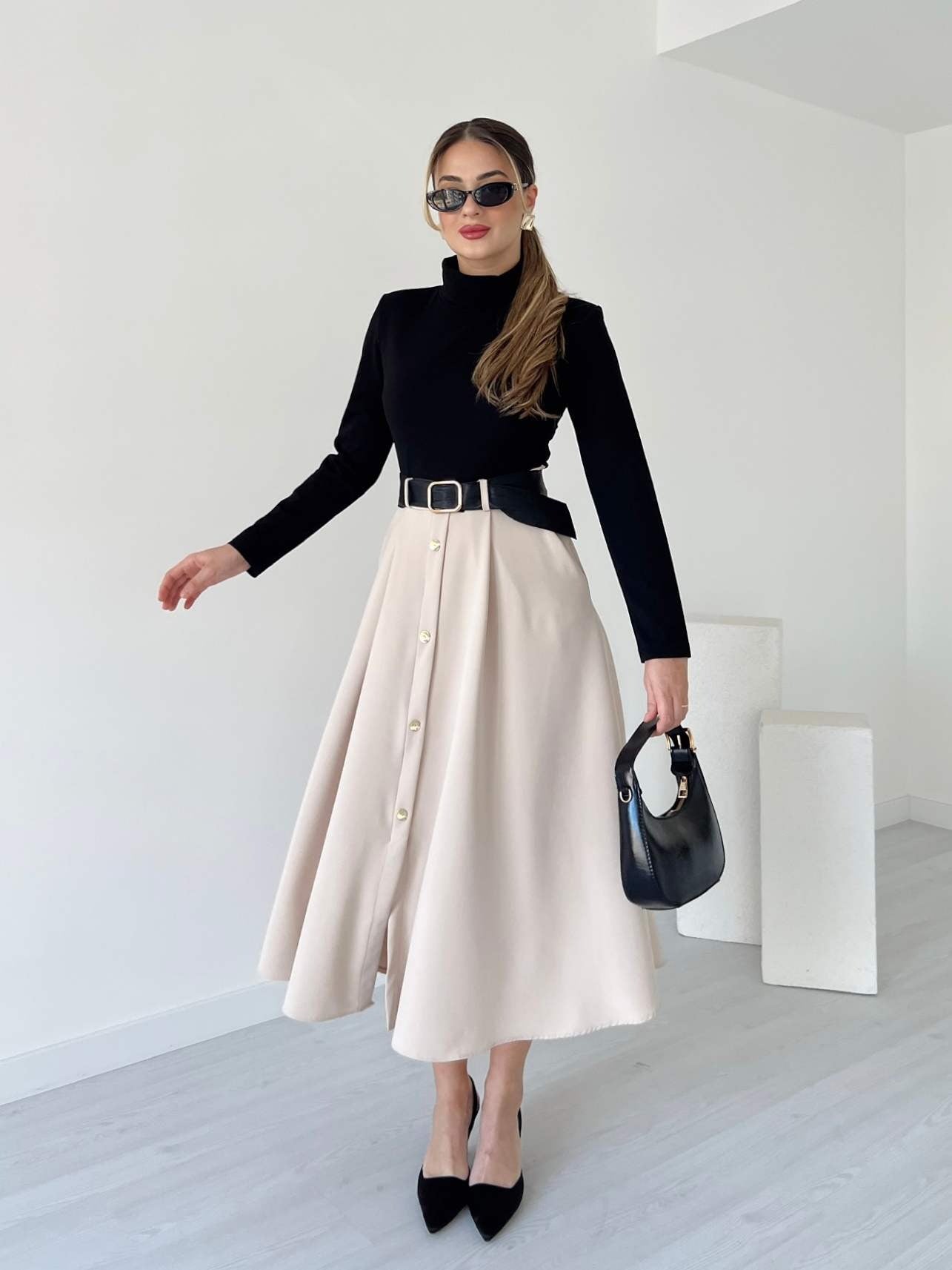 Beige Button-Front A-Line Midi Dress