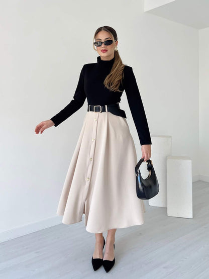 Beige Button-Front A-Line Midi Dress