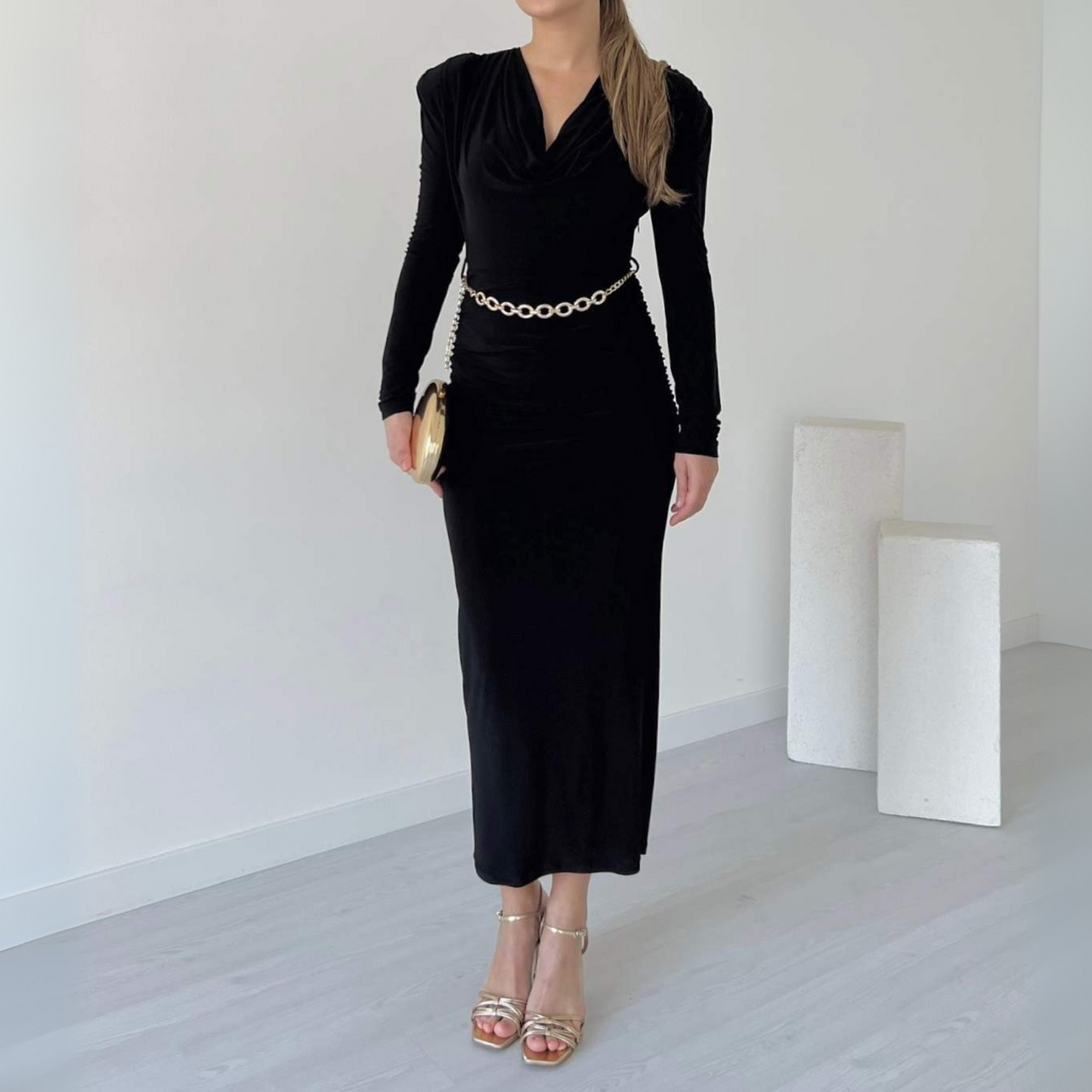 Black Velvet Cowl Neck Midi Dress With Chain Belt