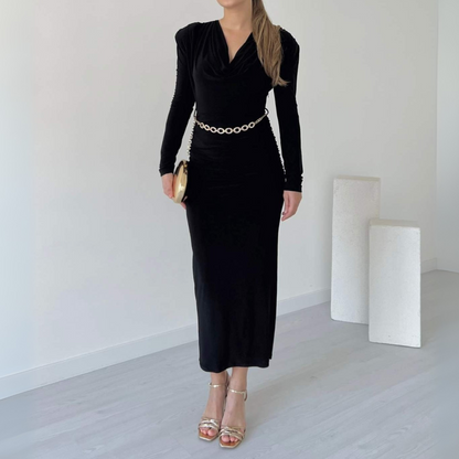 Black Velvet Cowl Neck Midi Dress With Chain Belt