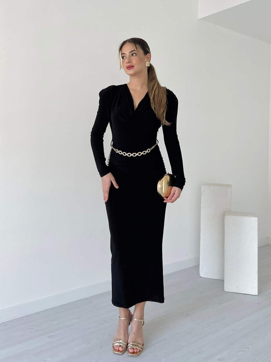 Black Velvet Cowl Neck Midi Dress With Chain Belt