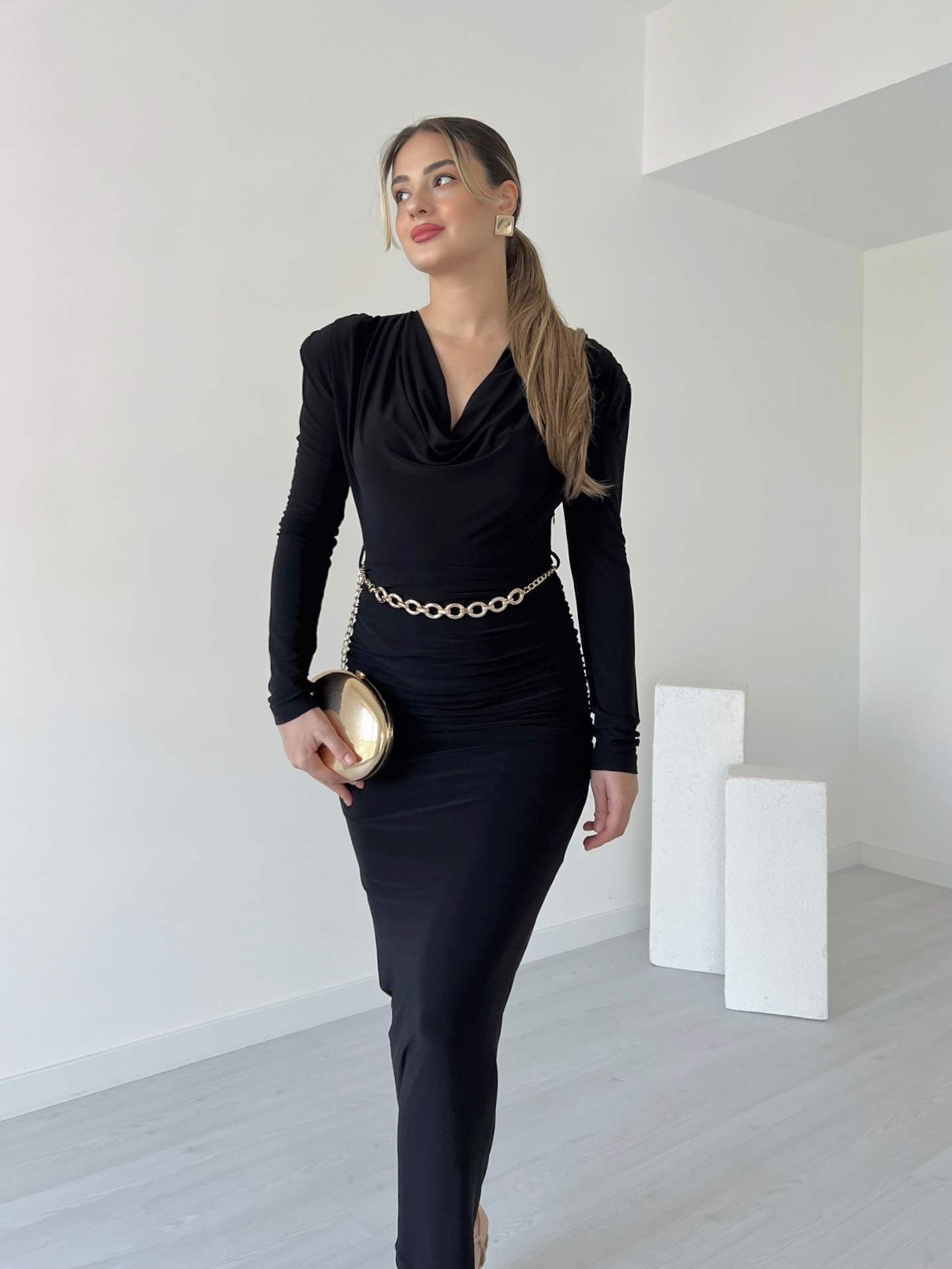 Black Velvet Cowl Neck Midi Dress With Chain Belt