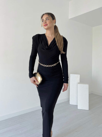 Black Velvet Cowl Neck Midi Dress With Chain Belt