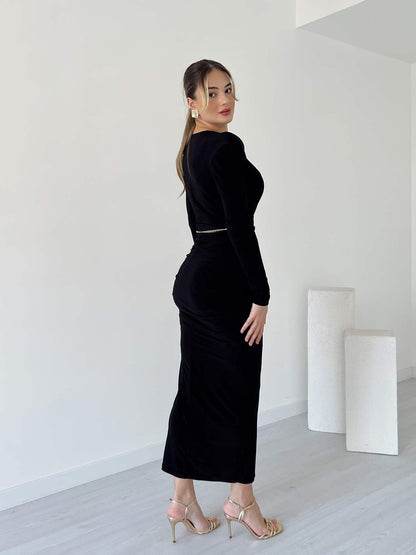 Black Velvet Cowl Neck Midi Dress With Chain Belt