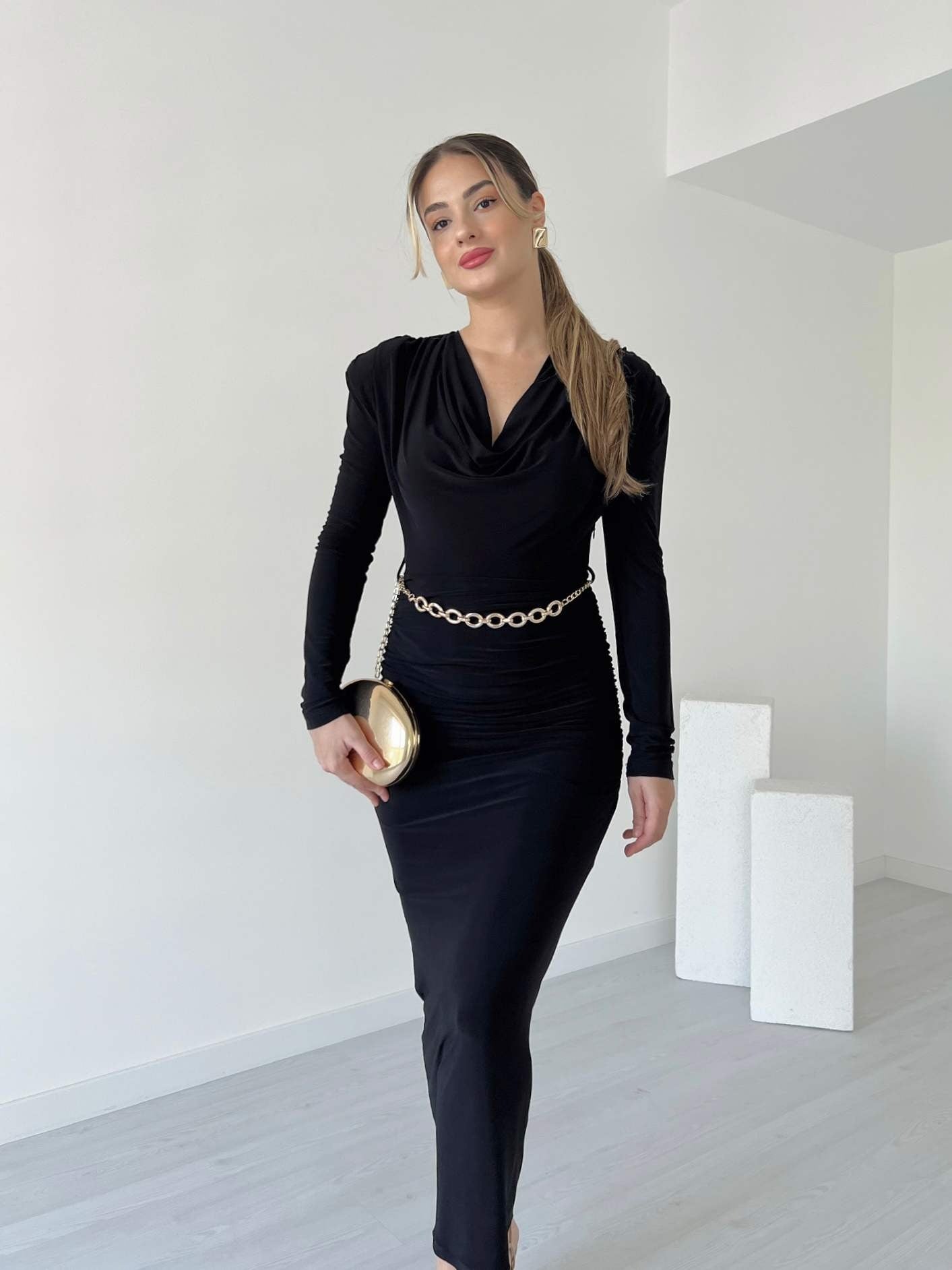 Black Velvet Cowl Neck Midi Dress With Chain Belt