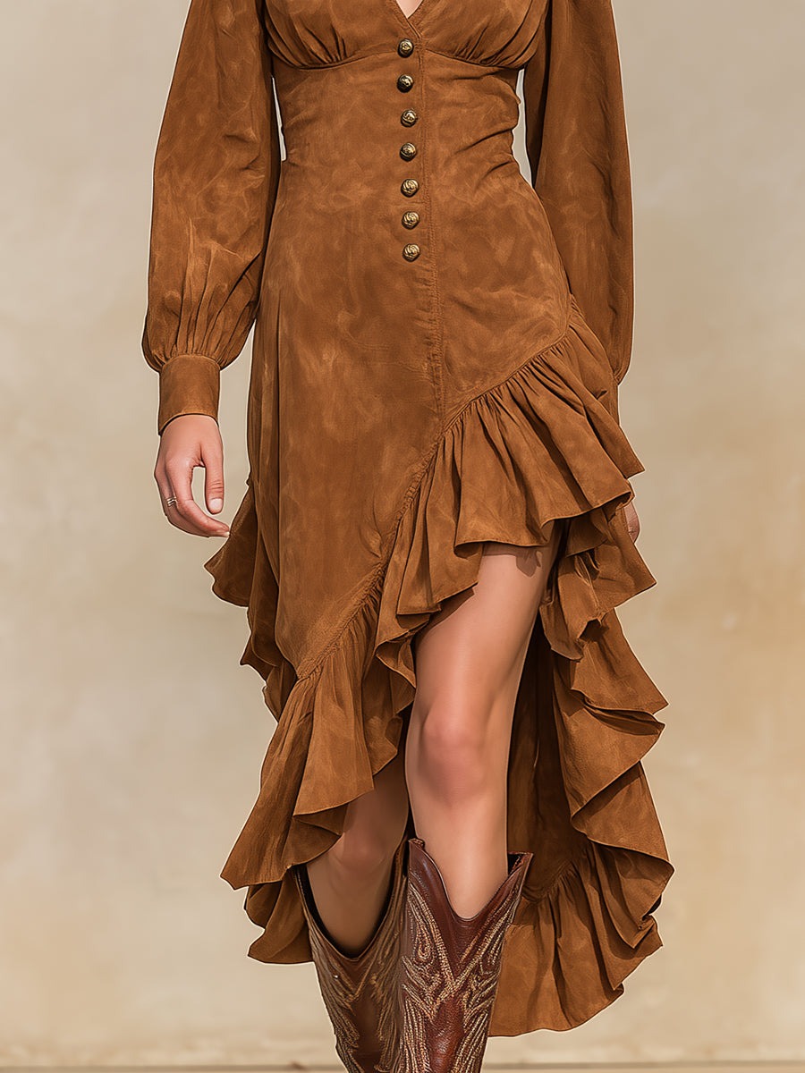 Retro Western Caramel Brown Irregular Hem Faux Suede Maxi Dress
