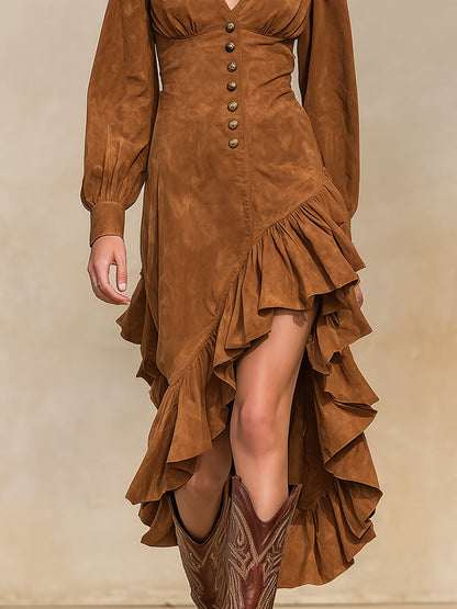 Retro Western Caramel Brown Irregular Hem Faux Suede Maxi Dress