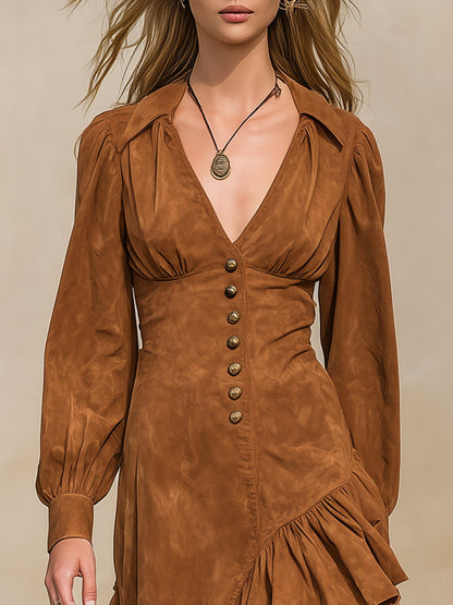 Retro Western Caramel Brown Irregular Hem Faux Suede Maxi Dress