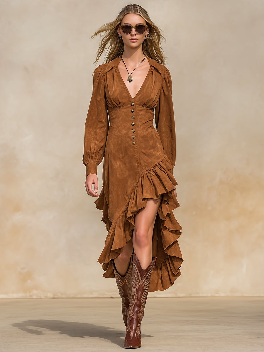Retro Western Caramel Brown Irregular Hem Faux Suede Maxi Dress