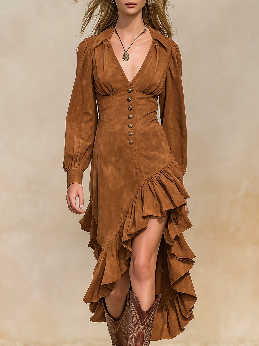 Retro Western Caramel Brown Irregular Hem Faux Suede Maxi Dress