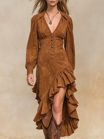 Retro Western Caramel Brown Irregular Hem Faux Suede Maxi Dress