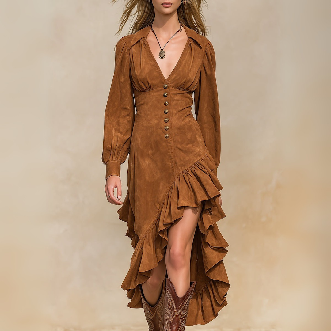 Retro Western Caramel Brown Irregular Hem Faux Suede Maxi Dress