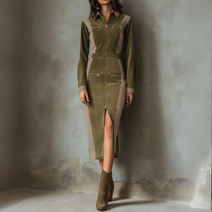 Olive Green Zip-Up Midi Dress With Contrast Stripe Panels