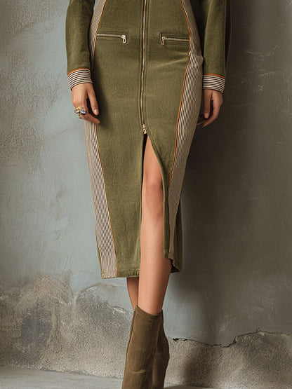 Olive Green Zip-Up Midi Dress With Contrast Stripe Panels