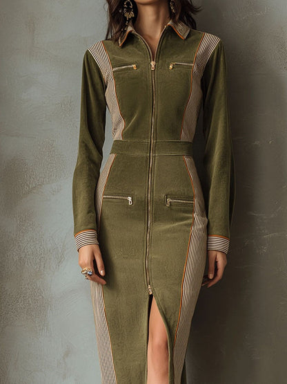 Olive Green Zip-Up Midi Dress With Contrast Stripe Panels