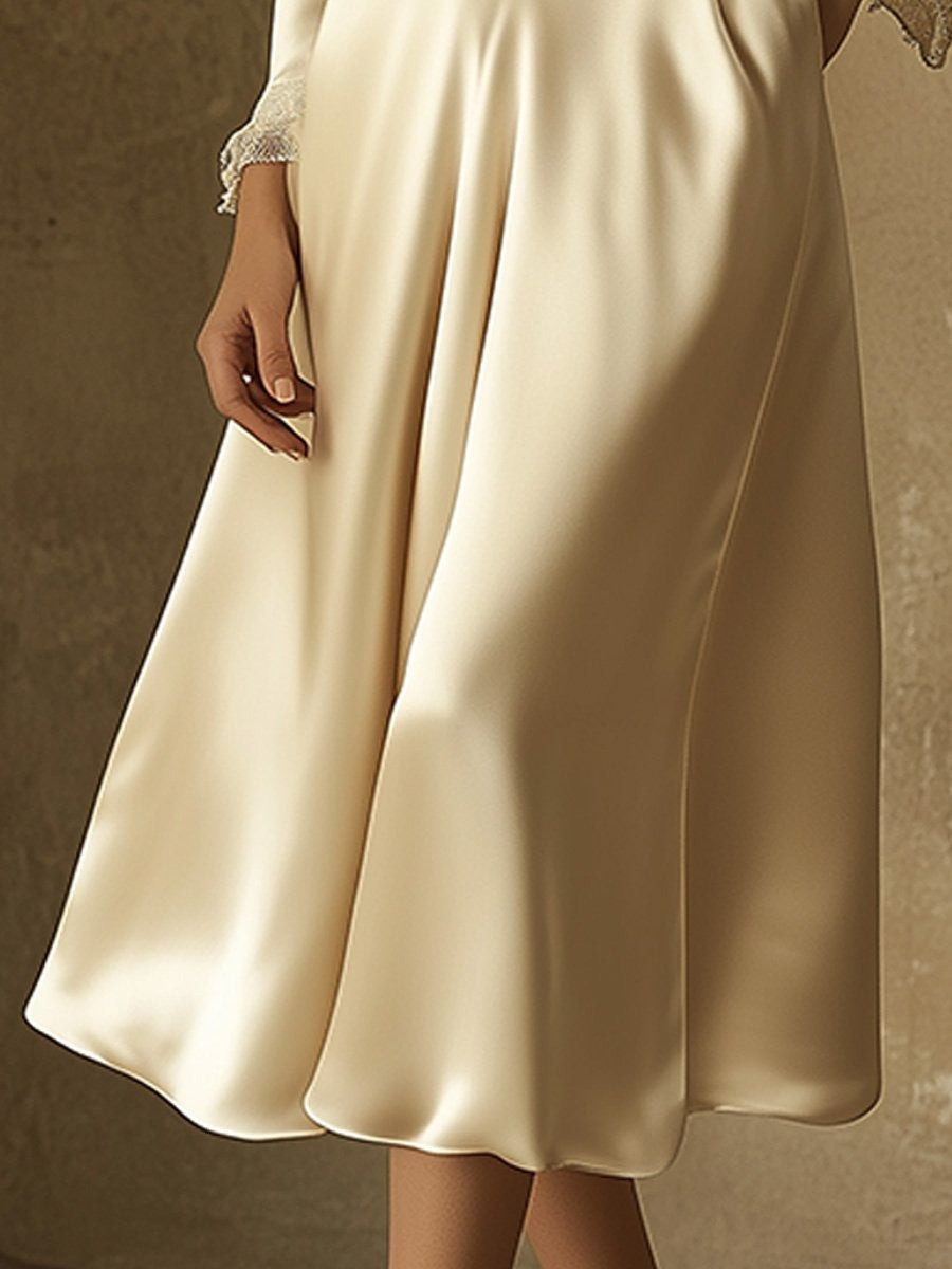 Champagne Satin Deep V-Neck Midi Dress