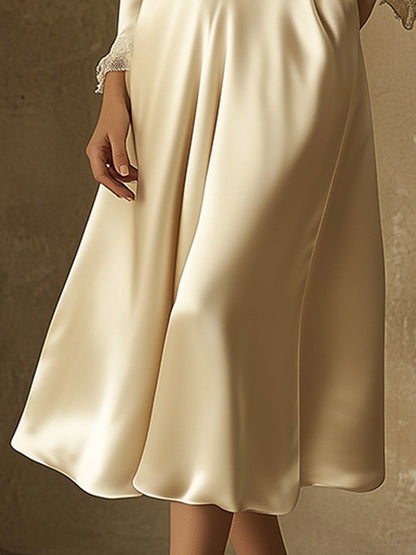 Champagne Satin Deep V-Neck Midi Dress