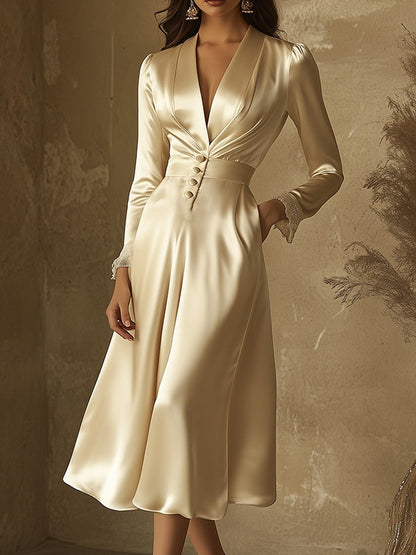 Champagne Satin Deep V-Neck Midi Dress
