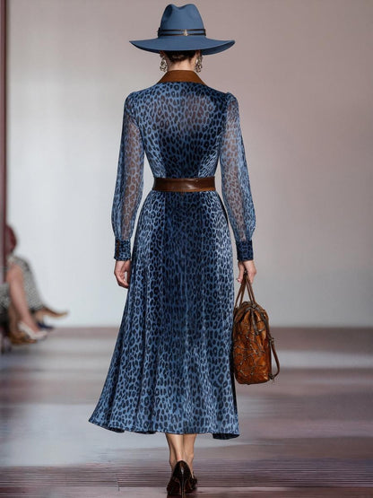 Blue Long Sleeve Leopard Midi Dress