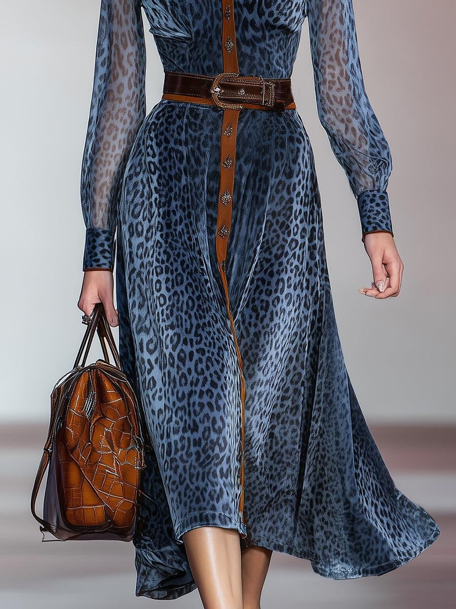 Blue Long Sleeve Leopard Midi Dress