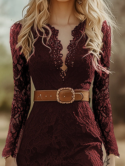 Vintage Bohemian Lace Long Sleeve Midi Dress