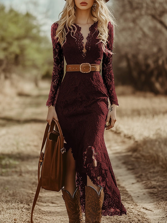 Vintage Bohemian Lace Long Sleeve Midi Dress