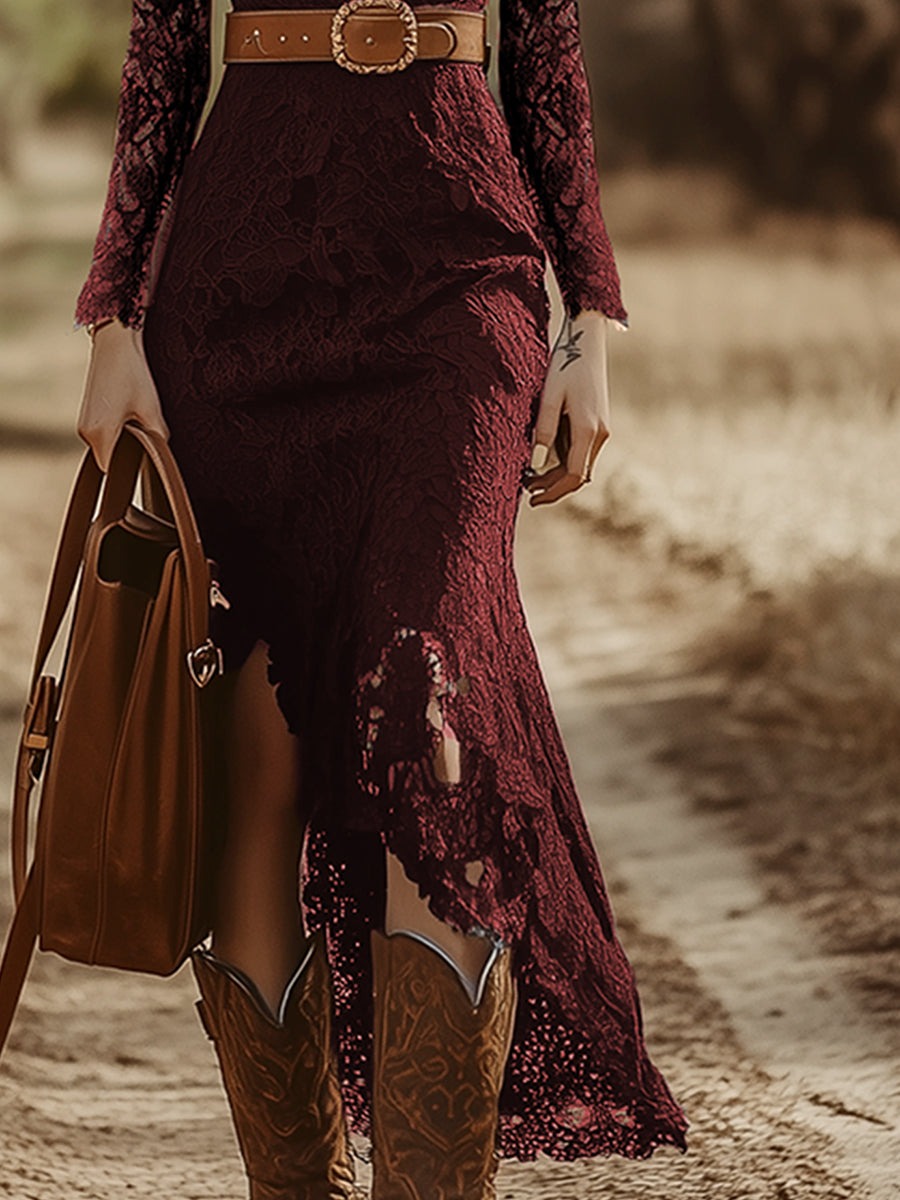 Vintage Bohemian Lace Long Sleeve Midi Dress