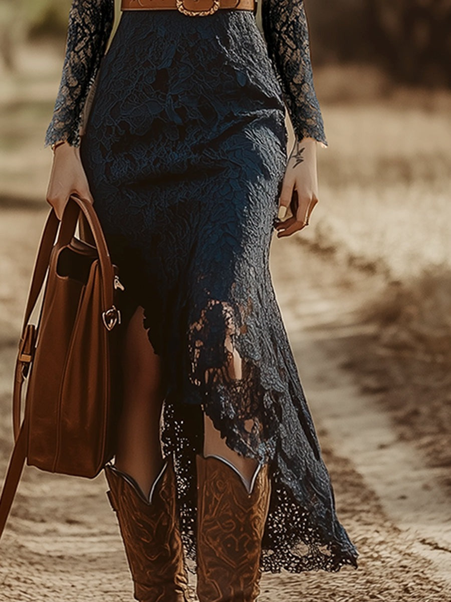 Vintage Bohemian Lace Long Sleeve Midi Dress