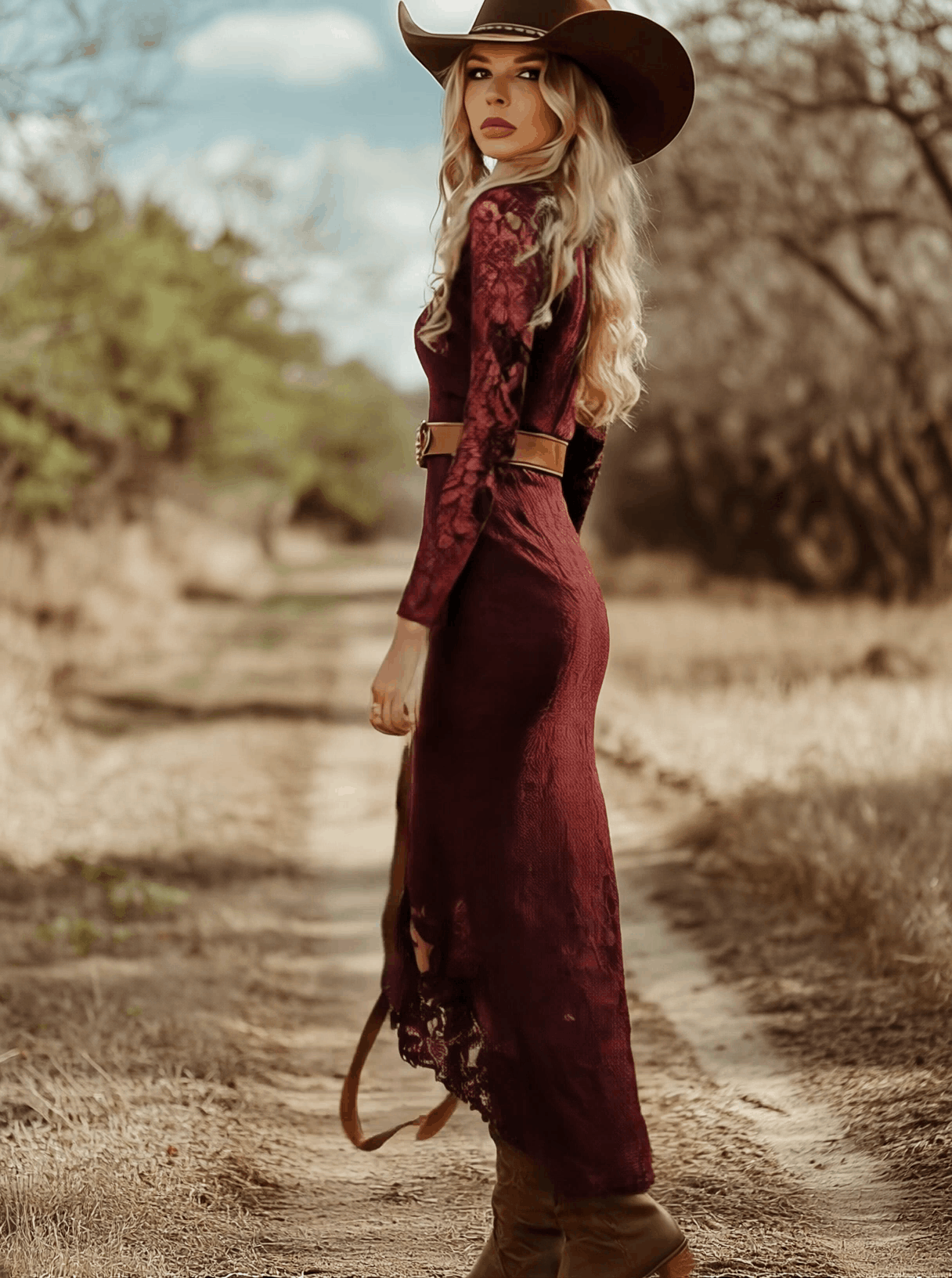 Vintage Bohemian Lace Long Sleeve Midi Dress