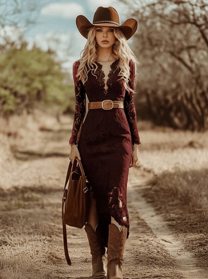 Vintage Bohemian Lace Long Sleeve Midi Dress