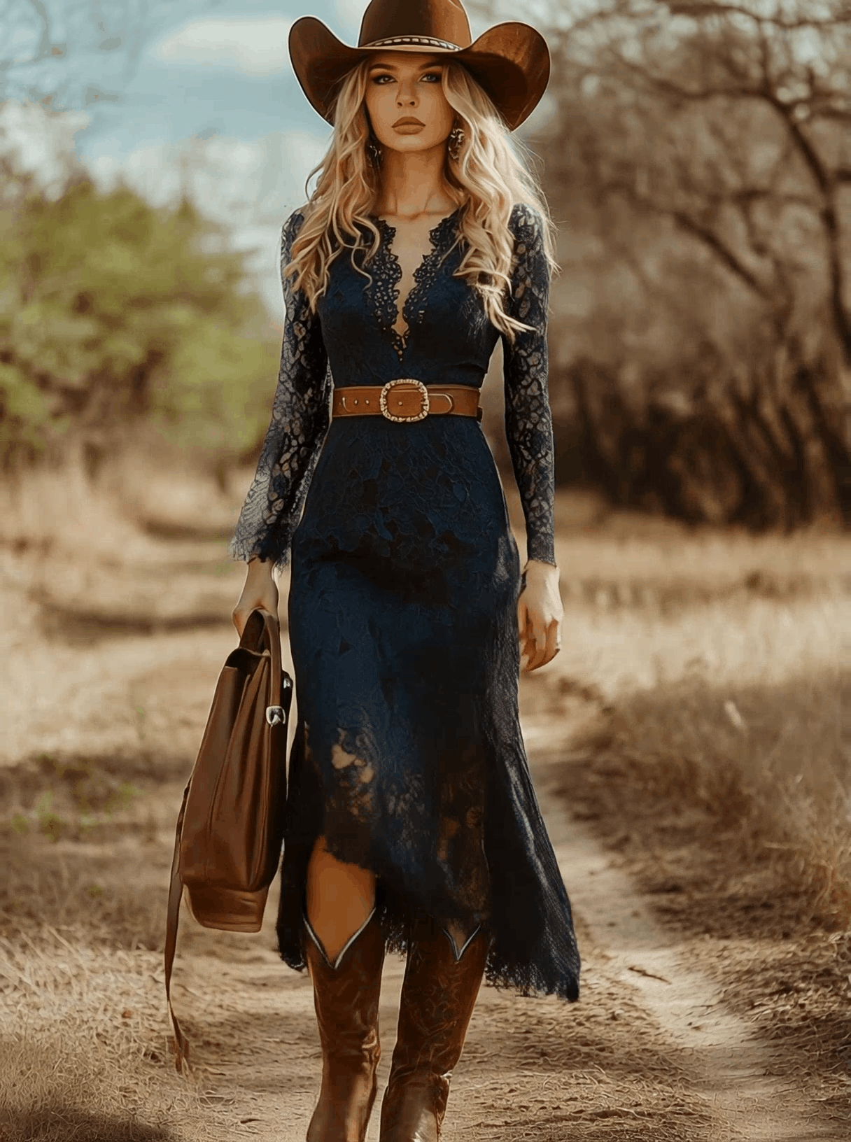 Vintage Bohemian Lace Long Sleeve Midi Dress