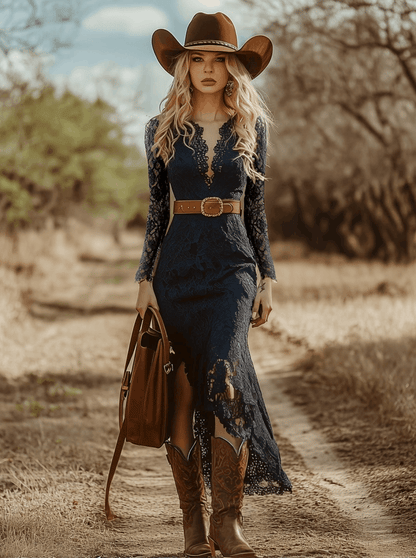 Vintage Bohemian Lace Long Sleeve Midi Dress