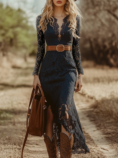 Vintage Bohemian Lace Long Sleeve Midi Dress