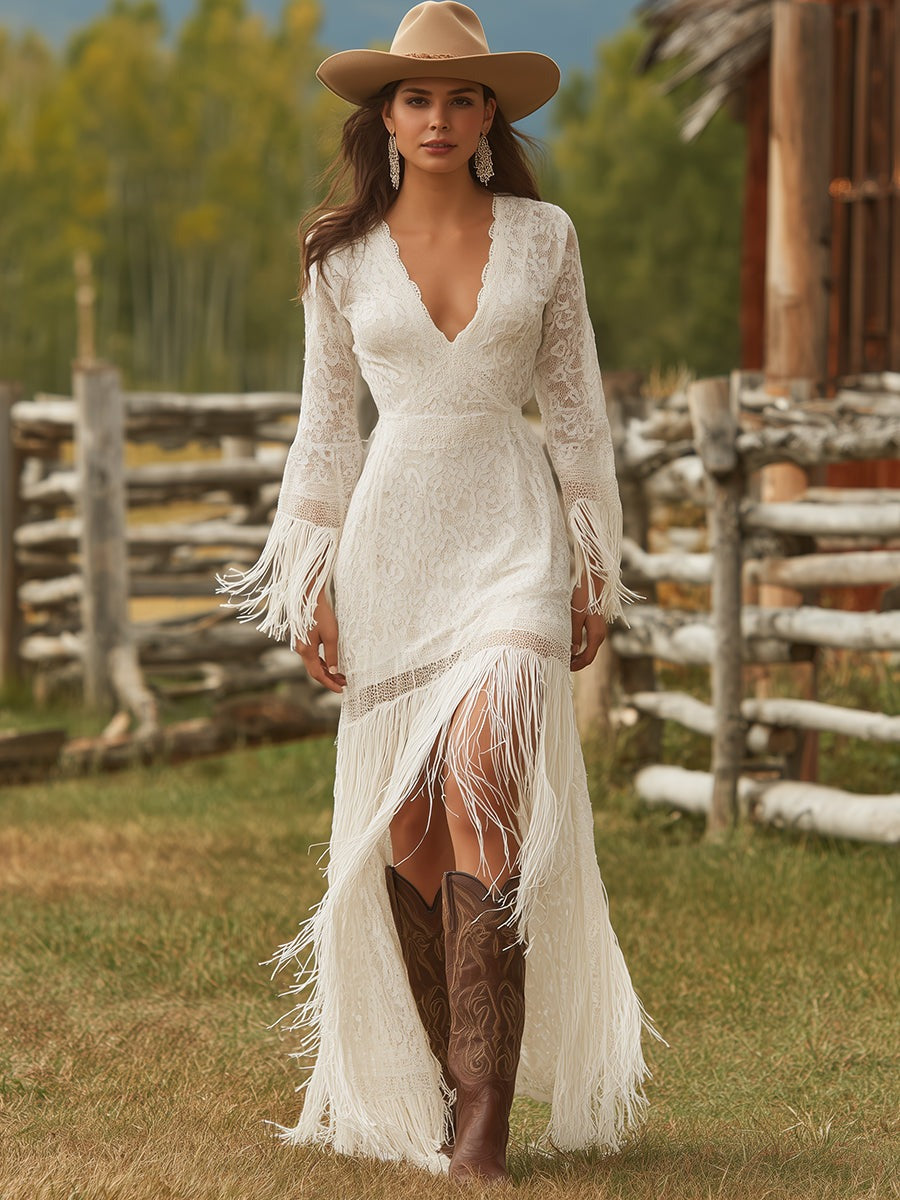 Retro Lace V-neck Long Sleeve Tassel Short Front And Long Back Skirt Maxi Dress