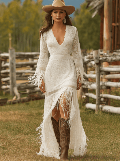 Retro Lace V-neck Long Sleeve Tassel Short Front And Long Back Skirt Maxi Dress