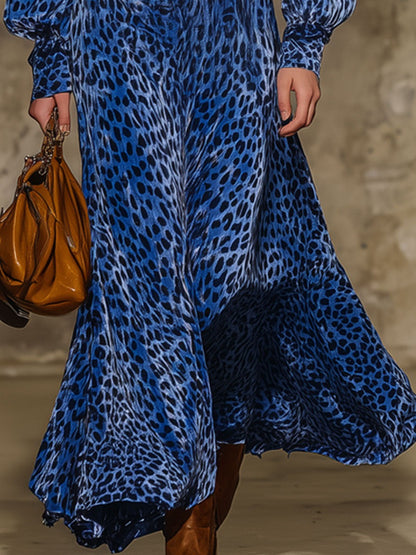 Fashion Retro Royal Blue Velvet Leopard Print Long Sleeve Ruffle Maxi Dress